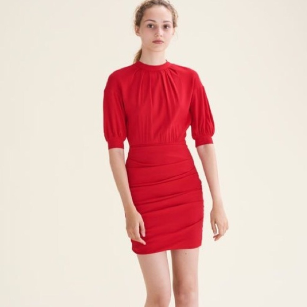 NEW NWT Maje Dress Cherry Roxia Crepe Ruched Mini Pleated